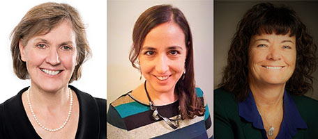 Three headshots. On the left, Louise Pilote is looking towards the camera and smiling against a white background. She has short, brown, wavy hair and is wearing a white pearl necklace and a black top. In the center, Valeria Raparelli is looking towards the camera and smiling against a beige background. She has shoulder-length, straight brown hair and is wearing dangling silver earrings, a large silver necklace, and a blue, black, and beige striped top. On the right, Colleen M. Norris is looking towards the camera and smiling against a brown background. She has shoulder-length, curly dark brown hair with straight cut bangs. She is wearing a silver necklace with two pendants on it, a dark blue shirt, and a dark green blazer.